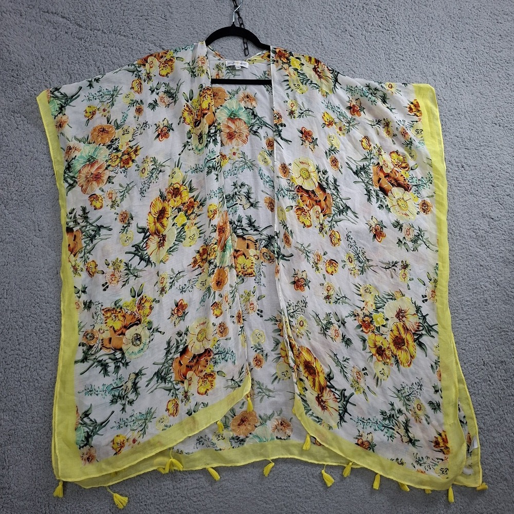 Woven Heart Womens Floral Boho Kimono Sheer Open Front Cardigan Yellow OS
